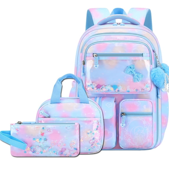 Backpack 3-Piece Set with Lunch Bag & Pencil Case, Cute Water-Resistant Bookbag with Floating Sequin Bow Pocket & Fluffy Heart Pearl Keychain, Dreamy Blue