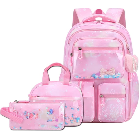Backpack 3-Piece Set with Lunch Bag & Pencil Case, Cute Water-Resistant Bookbag with Floating Sequin Bow Pocket & Fluffy Heart Pearl Keychain, Dreamy Pink