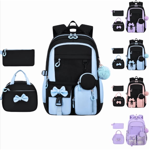 Backpack, 3Pcs Backpack Set with Insulated Lunch Box & Pencil Case, Waterproof Lightweight Bookbag, Cute Bow Travel Daypack - (Blue)