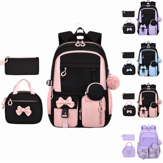Backpack, 3Pcs Backpack Set with Insulated Lunch Box & Pencil Case, Waterproof Lightweight Bookbag, Cute Bow Travel Daypack - (Pink)