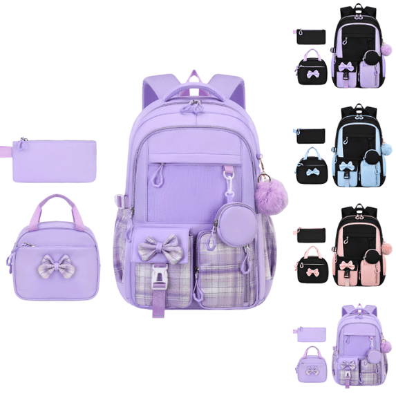 Backpack, 3Pcs Backpack Set with Insulated Lunch Box & Pencil Case, Waterproof Lightweight Bookbag, Cute Bow Travel Daypack - (Purple)