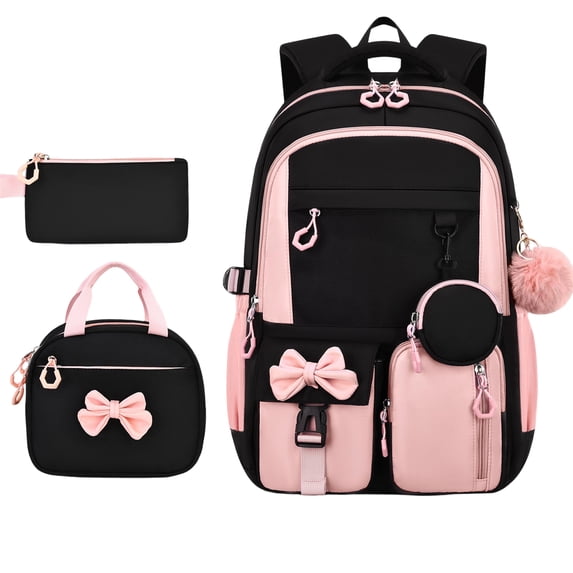 Backpack, 3Pcs Backpack with Lunch Bag Pencil Case, Cute Teens Bookbag (Pink)