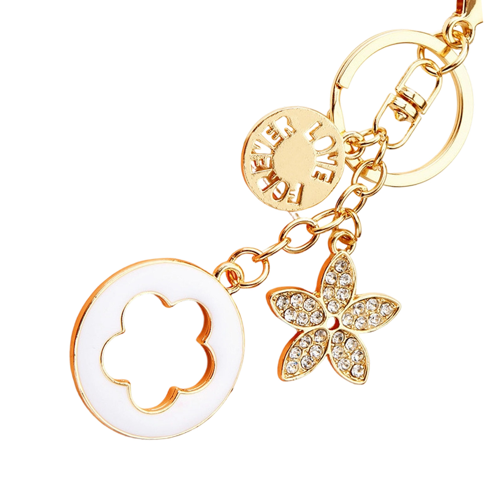 Backpack Accessory Keychain Charm with Gold Tone Flower Pendant, Round Attachment Loop and Lobster Clasp for Bags