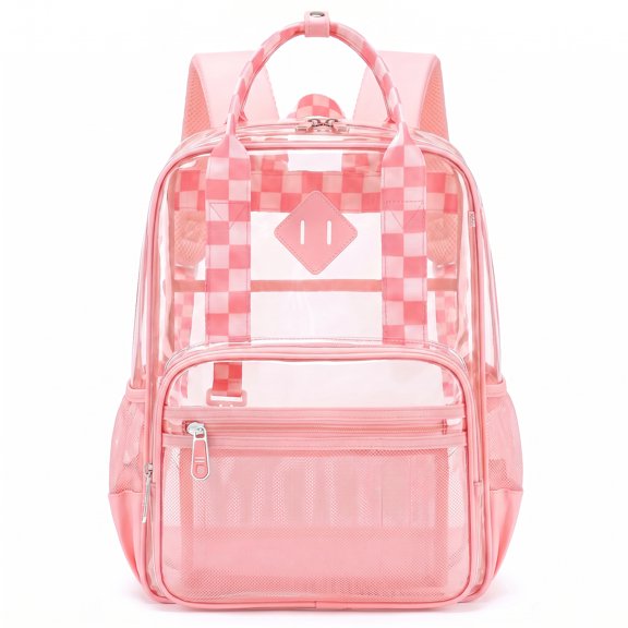 Girls Clear Backpack for Student School Transparent Bookbag with Reinforced Bottom Straps Multi Pockets Pink