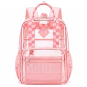 Girls Clear Backpack for Student School Transparent Bookbag with Reinforced Bottom Straps Multi Pockets Pink