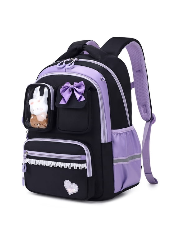 Girls School Backpack 22L Lightweight Bookbag with Reflective Strips, Waterproof Nylon Bookbag for Elementary Students Ages 7-11, Grades 1-5