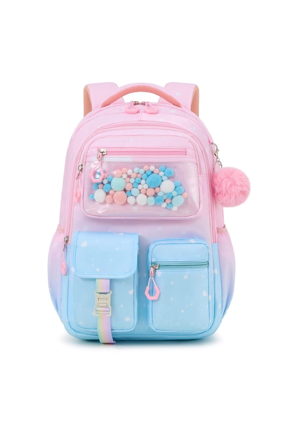 Girls School Backpack 20L for Grades 1-5, Lightweight Ergonomic Bookbag with Reflective Stripes, Water-Repellent Daypack with Cute Pendant