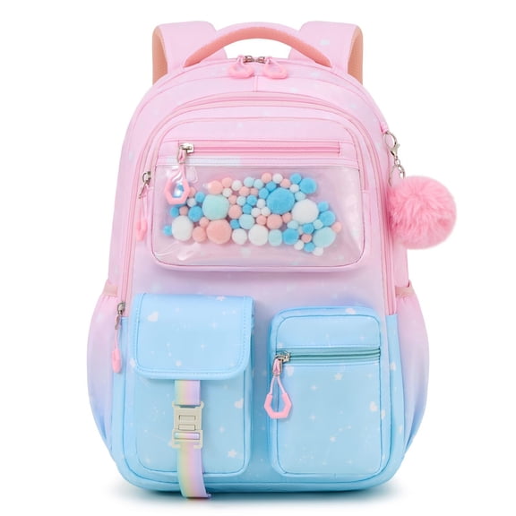 Girls School Backpack 20L for Grades 1-5, Lightweight Ergonomic Bookbag with Reflective Stripes, Water-Repellent Daypack with Cute Pendant
