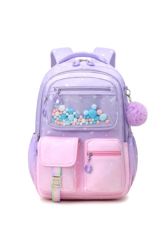 Girls School Backpack 20L for Grades 1-5, Lightweight Ergonomic Bookbag with Reflective Stripes, Water-Repellent Daypack with Cute Pendant