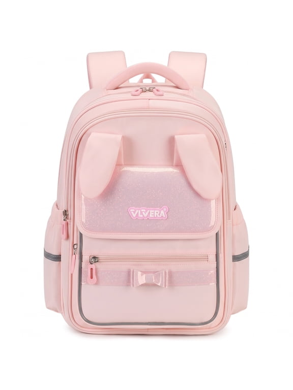 Girls School Backpack Lightweight Water-Repellent Bookbag with 3D Bunny Ears,School Bag with Reflective Stripes