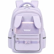 Girls School Backpack for Grades 1-3,Lightweight Water-Repellent Bookbag with 3D Bunny Ears,School Bag with Reflective Stripes,Purple