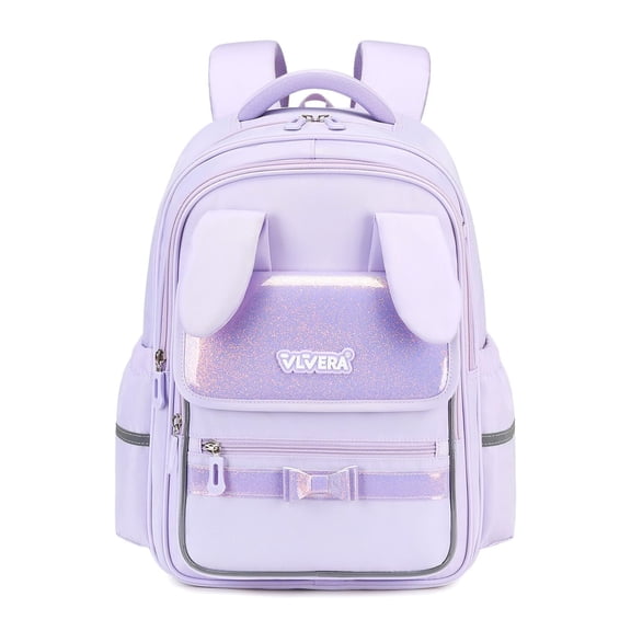Girls School Backpack for Grades 1-3,Lightweight Water-Repellent Bookbag with 3D Bunny Ears,School Bag with Reflective Stripes,Purple