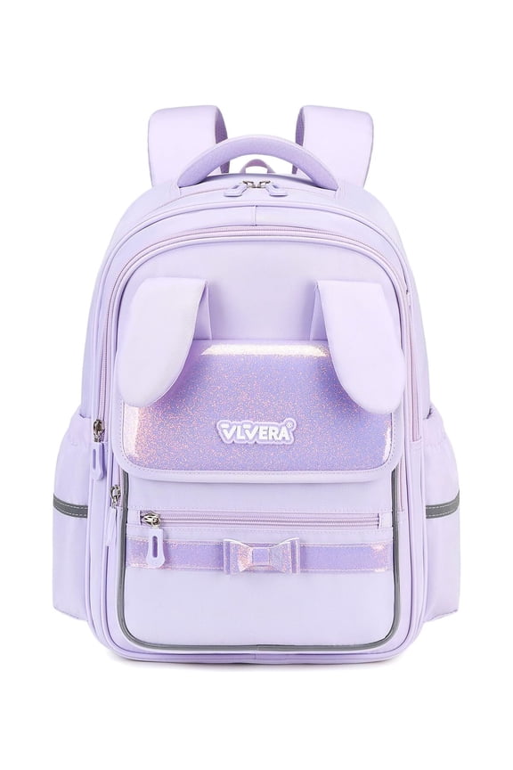 Girls School Backpack for Grades 1-3,Lightweight Water-Repellent Bookbag with 3D Bunny Ears,School Bag with Reflective Stripes,Purple