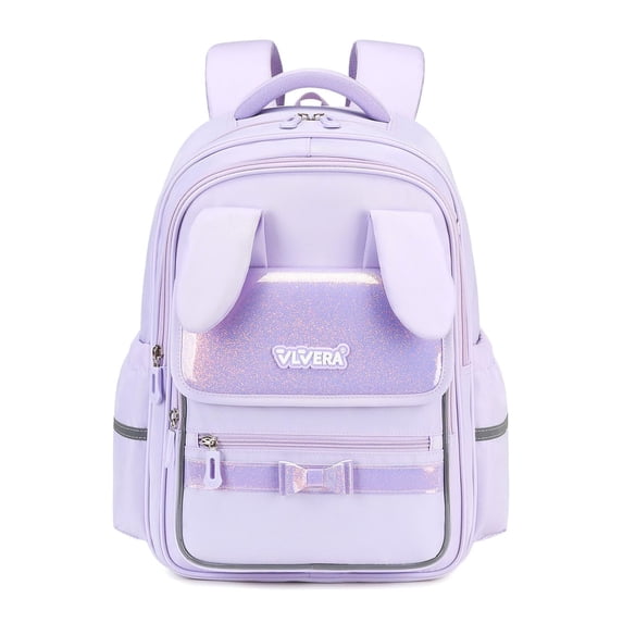 Girls School Backpack for Grades 1-3,Lightweight Water-Repellent Bookbag with 3D Bunny Ears,School Bag with Reflective Stripes,Purple