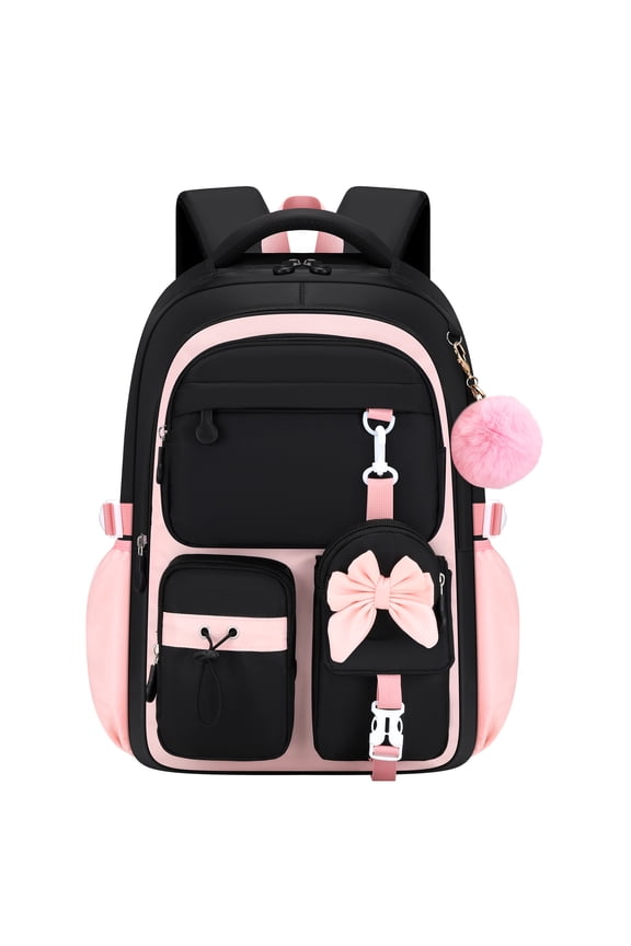 Girls School Backpack for Grades 1-5, Lightweight Waterproof Bookbag with Reflective Straps, School Bag with Coin Purse & Cute Pendant Middle School