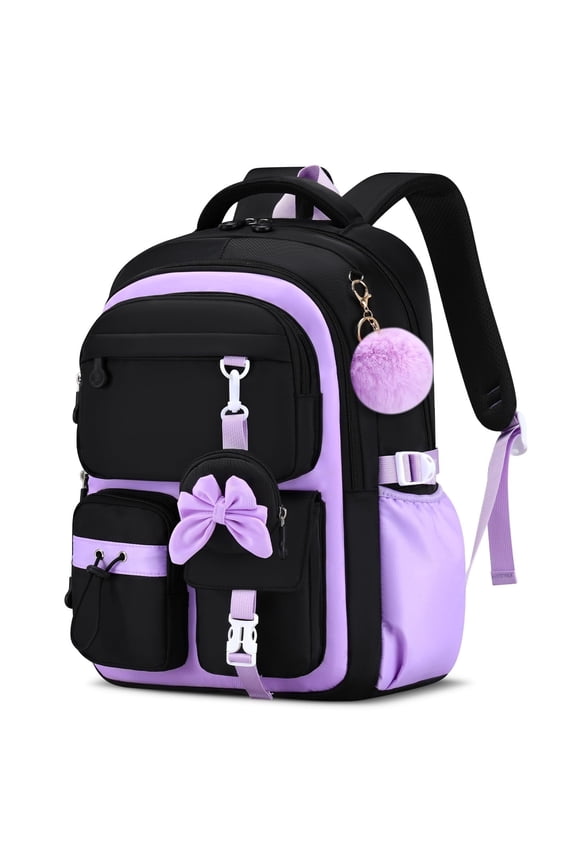 Girls Backpack for Grades 1-5, Lightweight Waterproof Bookbag with Reflective Straps, Kids School Bag with Coin Purse & Cute Pendant Middle School