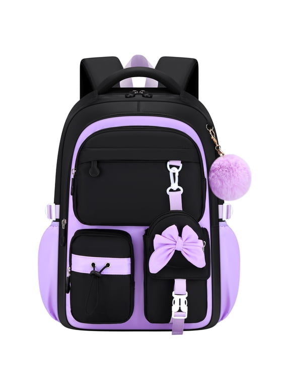 Girls Backpack for Grades 1-5, Lightweight Waterproof Bookbag with Reflective Straps, Kids School Bag with Coin Purse & Cute Pendant Middle School