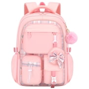 Girls Backpack Lightweight Waterproof Bookbag with Reflective Straps, Kids School Bag with Coin Purse & Cute Pendant Middle School for Grades 1-5