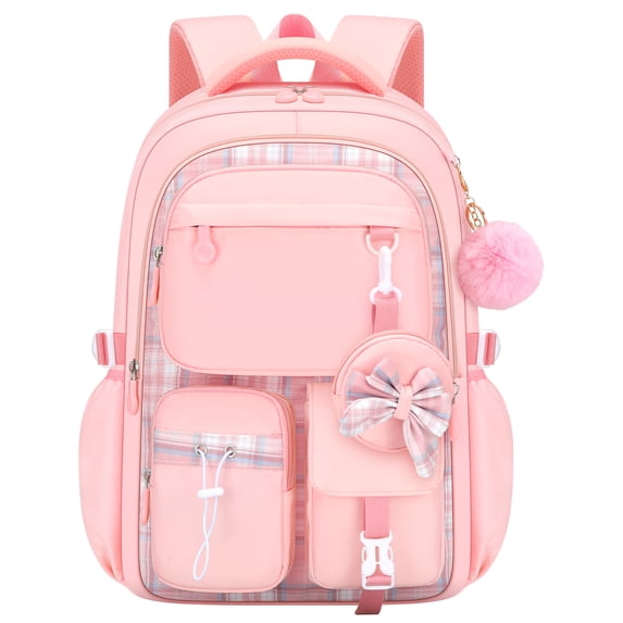 Girls Backpack Lightweight Waterproof Bookbag with Reflective Straps, Kids School Bag with Coin Purse & Cute Pendant Middle School for Grades 1-5