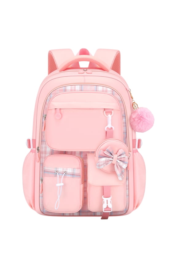 Girls Backpack Lightweight Waterproof Bookbag with Reflective Straps, Kids School Bag with Coin Purse & Cute Pendant Middle School for Grades 1-5