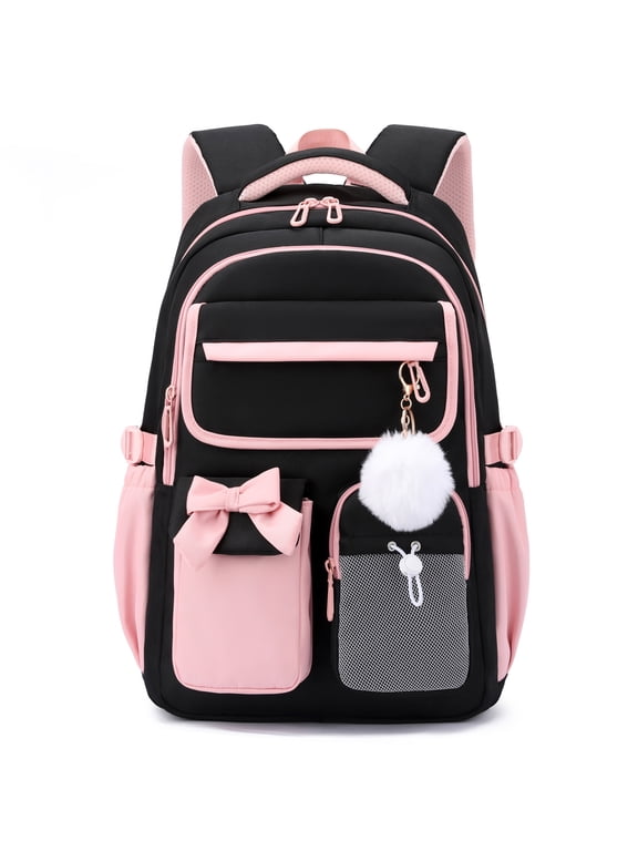 Girls School Backpack,Laptop Bookbag with Trolley Strap,Lightweight School Bag with Bow & Pom-Pom,Elementary Middle School Girls Backpack