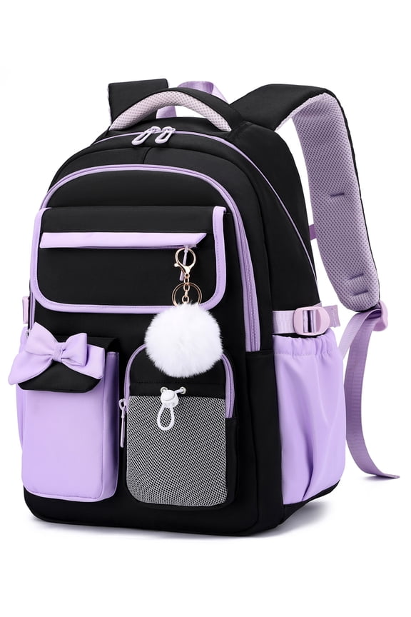 Girls School Backpack,Laptop Bookbag with Trolley Strap,Lightweight School Bag with Bow & Pom-Pom,Elementary Middle School Girls Backpack