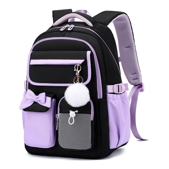 Girls School Backpack,Laptop Bookbag with Trolley Strap,Lightweight School Bag with Bow & Pom-Pom,Elementary Middle School Girls Backpack