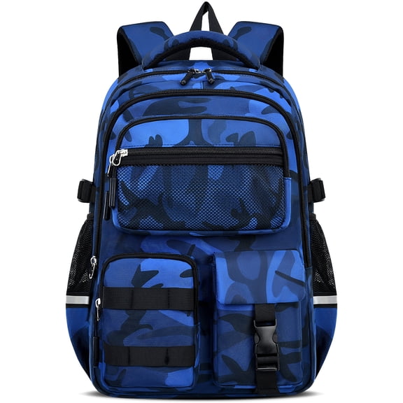 Boys School Backpack for Grades 1-5, Camouflage Water-Repellent Bookbag with Reflective Strips, Breathable School Bag for Elementary Middle Students,22L