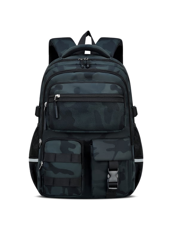 Boys School Backpack for Grades 1-5, Camouflage Water-Repellent Bookbag with Reflective Strips, Breathable School Bag for Elementary Middle Students,22L