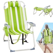 Backpack Beach Chair, 5 Level Adjustable Positions Beach Chair with Back Storage Bag, Cooler Pouch and Side Bags for Beach Poolside Lawn,Green&white/High