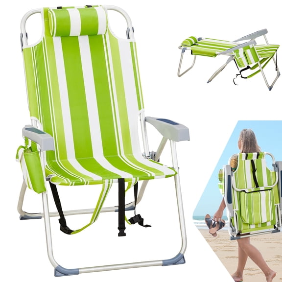 Backpack Beach Chair, 5 Level Adjustable Positions Beach Chair with Back Storage Bag, Cooler Pouch and Side Bags for Beach Poolside Lawn,Green&white/High