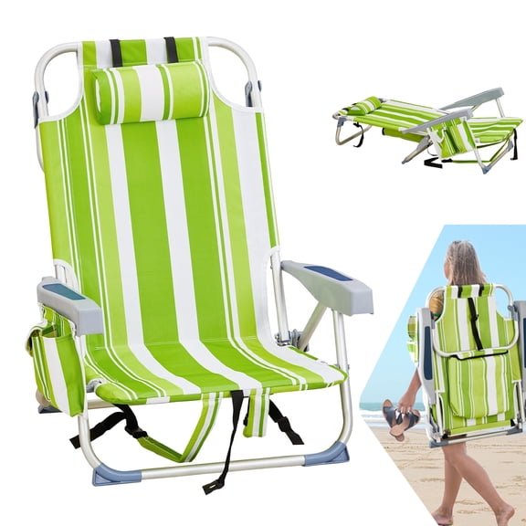 Backpack Beach Chair, 5 Level Adjustable Positions Beach Chair with Back Storage Bag, Cooler Pouch and Side Bags for Beach Poolside Lawn,Green&white/Low