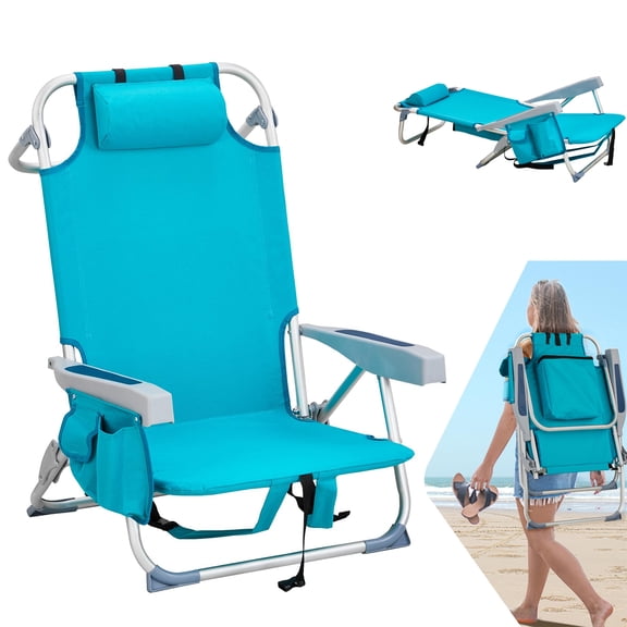 Backpack Beach Chair, 5 Level Adjustable Positions Beach Chair with Back Storage Bag, Cooler Pouch and Side Bags for Beach Poolside Lawn,Mint Green/Low