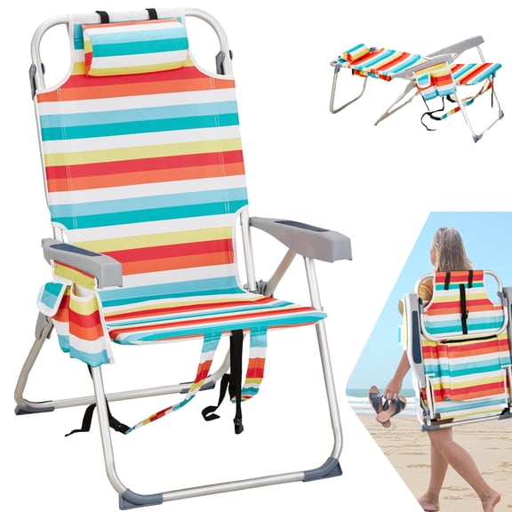 Backpack Beach Chair, 5 Level Adjustable Positions Beach Chair with Back Storage Bag, Cooler Pouch and Side Bags for Beach Poolside Lawn,Rainbow/High