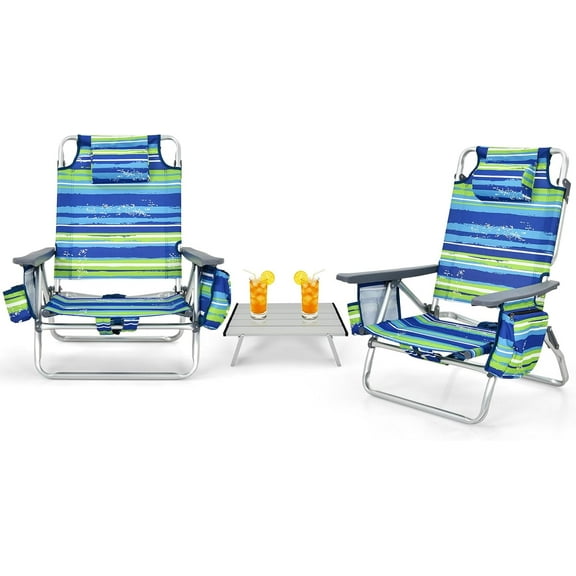 Backpack Beach Chair, 5 Position Adjustable Camping Chairs with Aluminum Table, Head Pillow, Cooler Bag, Cup Holders, Folding Beach Chairs for Adults (with Table, Blue & Green Stripes)