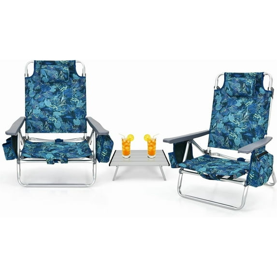 Backpack Beach Chair, 5 Position Adjustable Camping Chairs with Aluminum Table, Head Pillow, Cooler Bag, Cup Holders, Folding Beach Chairs for Adults (with Table, Blue Leaves)