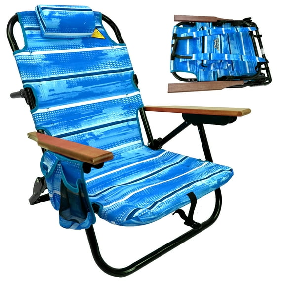Backpack Beach Chair - 5 Positions and Lays Flat – Deluxe Wood Arm Rests – Cup Holder Storage Pouch on Side - Padded Pillow - Storage Bag on Back – Lightweight Rustproof Aluminum – Black Frame - 1 Pac