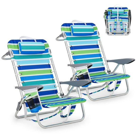 Backpack Beach Chair for Adults 2 Pack,Folding Heavy Duty Camping Chair,Lightweight Portable Lay Flat Folding Beach Chair with 5 Positions, Backpack Straps,Phone Pocket,Cup Holder & Towel Bar