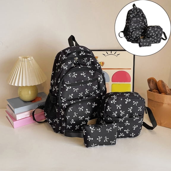 Backpack Bow Backpack Set Cute Bow Backpack for Women Black White Bow Backpack Aesthetic Daypack Nylon Travel Rucksack 1pc Set Fashion Cute Backpacks Desk Organization