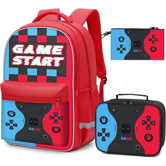 Backpack for Boys Video Game Style - 3 Piece School Set Includes Large 16.5 inch Bookbag, Lunch Box, Pencil Case for Kids Teens, Elementary to Middle School Students