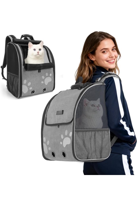 Backpack Carrier with Comfort Handle, Ventilated  Backpack with Reflective Strips, with Chest and  Buckles, Foldable  Carrying Backpack for Kitty Small  up to 15lbs(Grey).