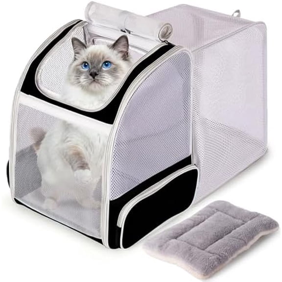 Backpack to Carry Cat and Small Puppy up to 16 Pounds, Breathable Pet Carrier to Transport Kitten Rabbit to Vet Visit Bag, Airline Approved Collapsible Expandable Black