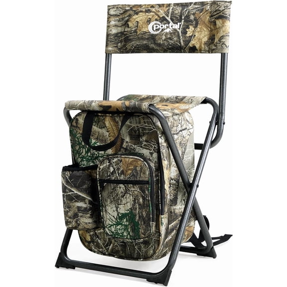 Backpack Cooler Chair with Backrest Folding Camping Stool Compact Outdoor Seat 350 Lb Capacity Camo