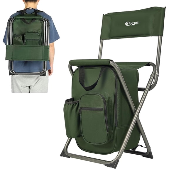 Backpack Cooler Chair with Backrest Folding Camping Stool Compact for Outdoors Hiking Hunting Travel 225 Lb Capacity Green