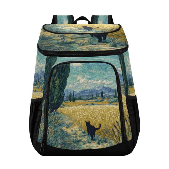 Backpack Cooler lunch bag 36 Can Capacity Insulated Bag for Camping, Beach, Hiking & Travel Black Cat Walking Fields
