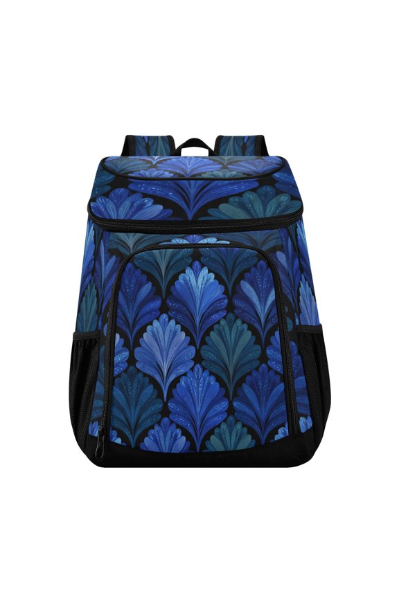 Backpack Cooler lunch bag 36 Can Capacity Insulated Bag for Camping, Beach, Hiking & Travel Blue Batik Leaves Pattern