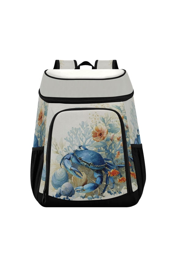 Backpack Cooler lunch bag 36 Can Capacity Insulated Bag for Camping, Beach, Hiking & Travel Blue Crab and Shells