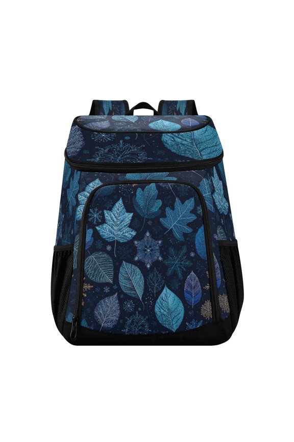 Backpack Cooler lunch bag 36 Can Capacity Insulated Bag for Camping, Beach, Hiking & Travel Blue Leaves and Snowflakes