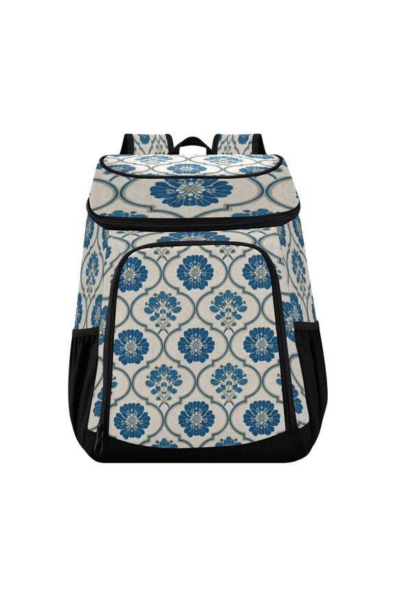 Backpack Cooler lunch bag 36 Can Capacity Insulated Bag for Camping, Beach, Hiking & Travel Blue Symmetrical Floral Pattern