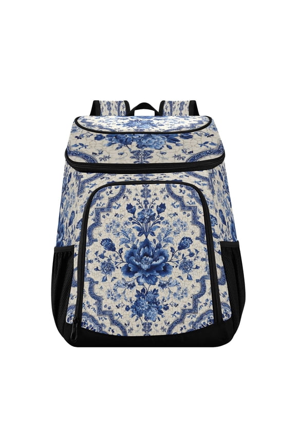 Backpack Cooler lunch bag 36 Can Capacity Insulated Bag for Camping, Beach, Hiking & Travel Blue and White Porcelain-style